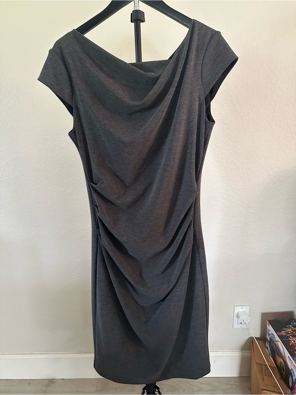White House Black Market Charcoal Gray Draped Midi Dress Size 10